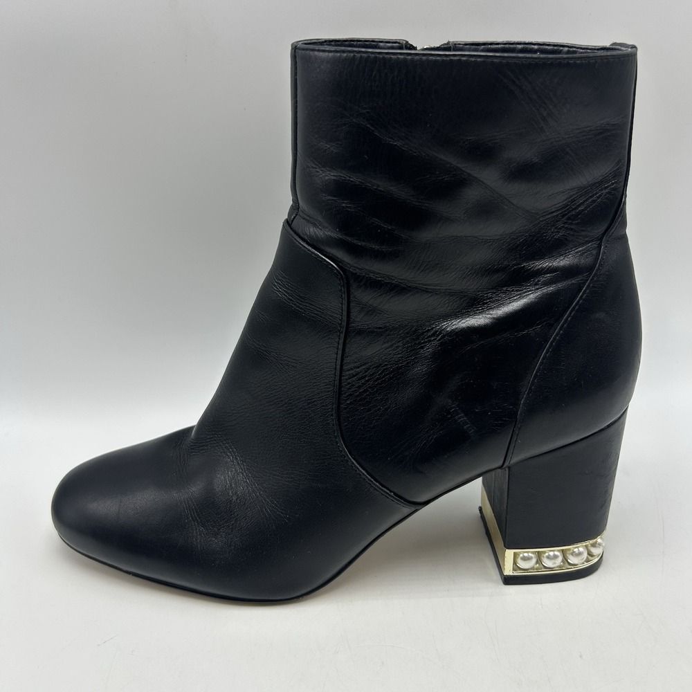 Karl Lagerfeld Boots Womens 9.5 Paris Black Leather Ankle Block Heel Gold Pearl